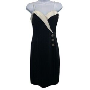 Vintage Betsy Adam Dress Womens Size 13/14 Black White Satin Trim Rhinestones